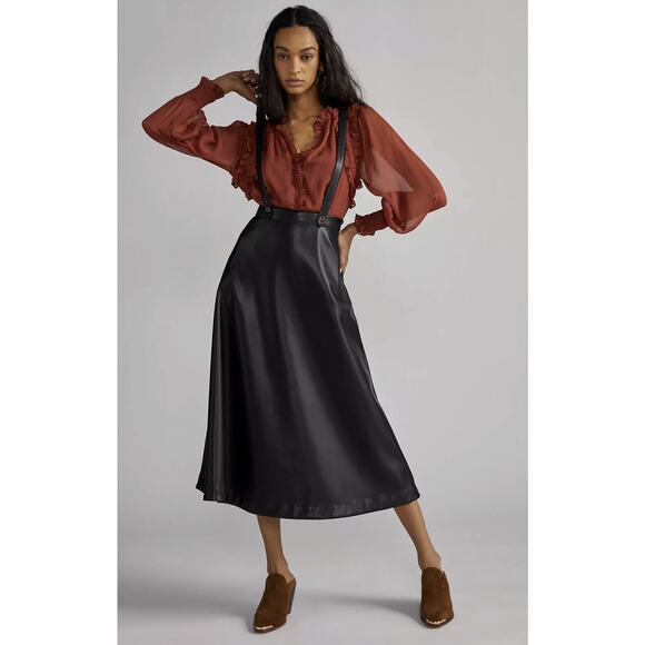 NWT Anthropologie Black Faux Leather Pinafore Skirt - Size 8 - Picture 1 of 10